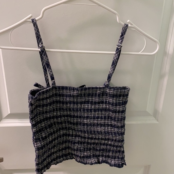 Ruched blue and white plaid crop top with bow detailing. Size XS. Never worn. - Picture 2 of 2